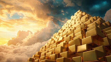 Wall Mural - Golden Fortress of Wealth Preservation: A fortress made entirely of gold bricks, standing tall in the midst of a digital storm of fluctuating currency and market data, representing wealth preservation