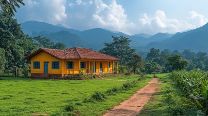 Canvas Print - Yellow House in the Mountains