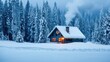 © crazyass - Cozy cabin nestled in a serene snowy forest, gentle smoke curling from the chimney, inviting warm light glowing through the windows, a perfect winter retreat.