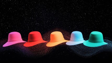 Wall Mural - Hat Constellation of Ideas: A night sky filled with constellations shaped like six hats, each glowing with a different color