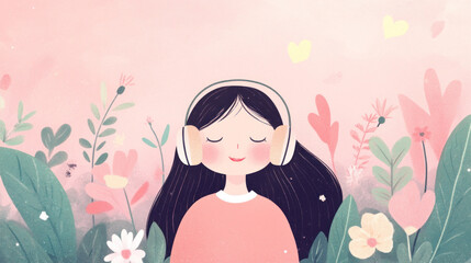 Wall Mural - Girl enjoying music with headphones, capturing calm and relaxing atmosphere with smooth motion.