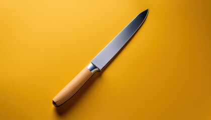 Close-up of a Serrated Bread Knife with a Wooden Handle on a Vibrant Yellow Background, Perfect for Kitchen and Culinary Themes, Highlighting the Blade's Sharp Edges and Craftsmanship