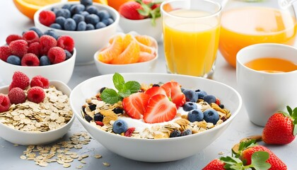 Wall Mural - Vibrant and Nutritious Breakfast Featuring Yogurt, Granola, Fresh Fruits, and Refreshing Orange Juice