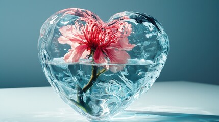 Wall Mural - melting ice of fear: an ice sculpture in the shape of a heart, frozen by fear and rejection, slowly 