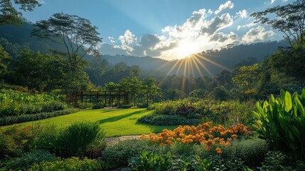 Wall Mural - Sunset Landscape in a Lush Garden