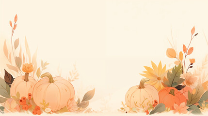 soft watercolor style illustration of autumn pumpkins on the ground autumnal harvest thanksgiving cream background wallpaper backdrop seasonal green leaves orange gold brown space for copy text