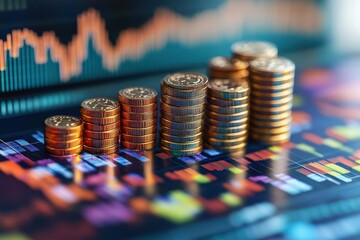 Wall Mural - close-up of stacked coins on a financial graph, representing growth, investment, and economic progre