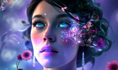 Wall Mural - Experience the enchanting transformation of a young woman as she navigates a colorful dreamworld filled with cosmic flowers and ethereal light