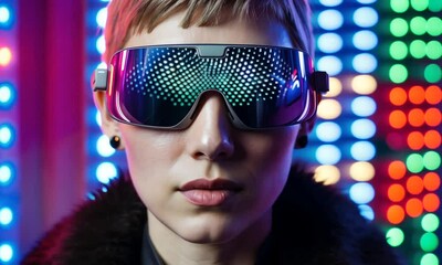 Canvas Print - A stylish individual showcases bold futuristic eyewear adorned in a stunning urban landscape, illuminated by colorful neon lights, blending technology and art