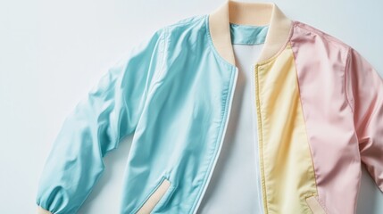 a lightweight men's bomber jacket in pastel shades, laid flat on a bright white surface, perfect for