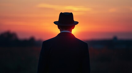 Sticker - A man wearing a hat stands in a field at sunset