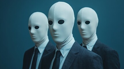 Three men wearing masks and suits stand together