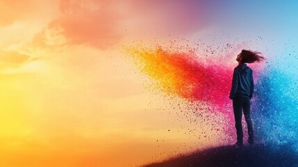 Wall Mural - positive wind: a person standing on a hill with their hair and clothing blown forward by a wind of b