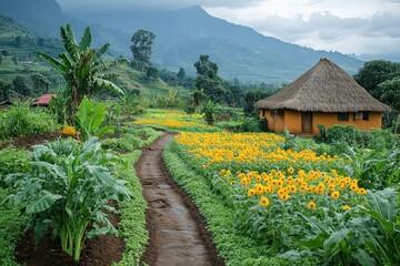 Canvas Print - A Rustic Hut in a Lush Landscape