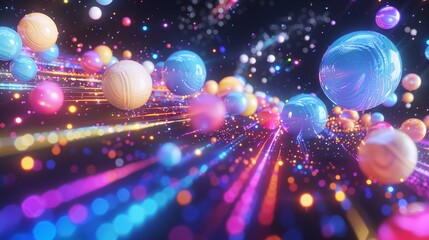 Wall Mural - Neon planets with glowing traces in space 3d rendering image. Inspiring cosmos scene with multicolor balls background wallpaper colorful realistic. Fantastic landscape concept idea