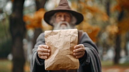 Wall Mural - Elderly man wizard offering paper bag mockup in autumn forest. Old sorcerer outstretched hands paperbag template advertising image. Mystical character package mock up photorealistic