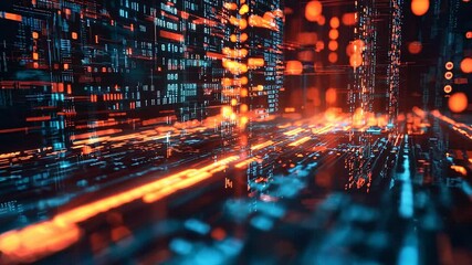 Orange blue computing background or binary codes close up on dark background
