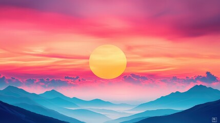 Wall Mural - Experience the beauty of a vibrant sunset over rolling mountains, where vivid colors blend seamlessly in a serene and tranquil landscape. Ideal for nature lovers.