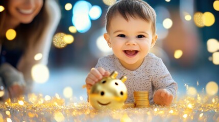 Joyful Child with Toy Coin Bank in Celebration