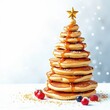 © Roza - Pancake stack shaped like a Christmas tree with syrup drizzle, decorated with berries and topped with a golden star, festive food concept, holiday dessert on a light background