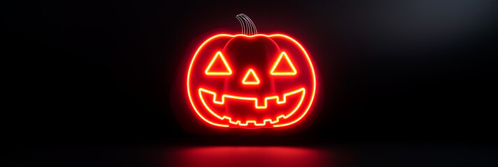 Neon Halloween Party Sign at Night, Retro Tube Lights, Glow in the Dark Jack o’Lantern Pumpkin. Spooky, Scarey, Funny Celebration, Decoration, Symbol. Electronic Disco Dance Modern Seasonal Background