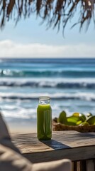 Green Juice Bottle on Beach Table with Ocean View.