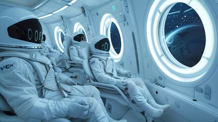 Wall Mural - a group of astronauts in white suits sits inside a modern spacecraft, gazing out at earth through la