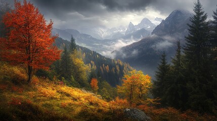 Wall Mural - Autumn Landscape with Mountains and Colorful Foliage