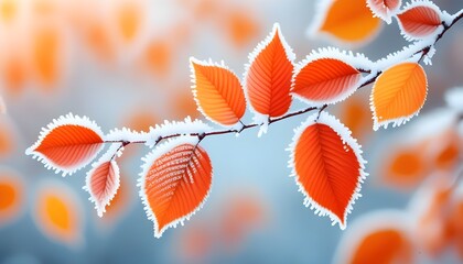 Wall Mural - Warm autumn hues nestled under the first snowfall with delicate snowflakes and a dreamy light blue background creating a serene winter atmosphere