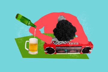 Canvas Print - Creative collage picture young man fall asleep unconscious alcoholic drink drunk beer bottle glass bar pub party boombox friday celebration