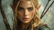 © Jesse - A detailed portrait of a young fantasy elf woman with long, braided blonde hair. She has pointed ears, green eyes, and numerous freckles on her face. She is dressed in forest-themed attire, holding a