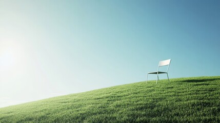 Wall Mural - Chair on a grassy hill under clear sky, minimalistic solitude concept