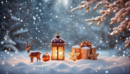 Wall Mural - Elegant Christmas Scene with Golden Deer and Gift Box in Snowfall Under Evening Blue Sky