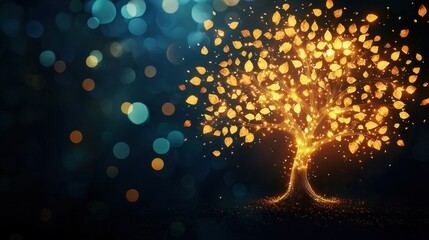 Wall Mural - tree of positivity: a glowing tree with golden leaves, each leaf representing a different positive t