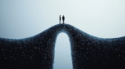 Wall Mural - two human silhouettes standing on opposite sides of a digital bridge, with data streams flowing betw