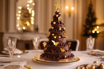 Elegant chocolate cake shaped like a Christmas tree, adorned with golden decorations and chocolate balls, set on a festive dining table with soft bokeh lights in the background