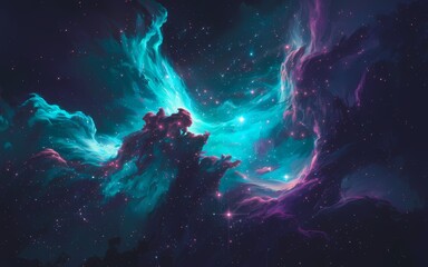 Wall Mural - A digital painting of a vibrant nebula with shades of teal, purple, and deep blue, speckled with bright stars. The background is dark, enhancing
the nebula's luminosity.