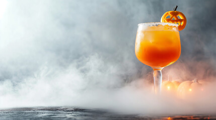 Halloween alcohol cocktail on the bar counter. Festive alcoholic drink with Jack-o-lantern pumpkin decoration on glass. A glass surrounded by white smoke or fog.