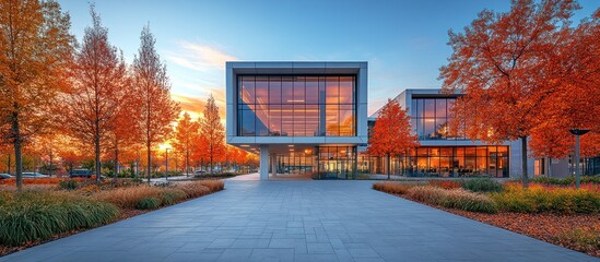 Canvas Print - Modern Building with Autumn Trees