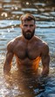 © AI Visual Vault - Man Emerging from Water:  A ruggedly handsome man with a beard emerges from the water, showcasing his muscular physique and an intense gaze. The setting sun bathes the scene in a warm glow.