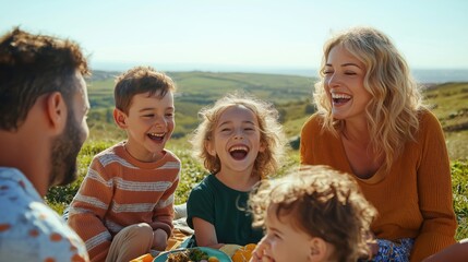 Close-up of a happy family having a picnic in a large lawn. Generative AI