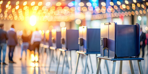 Sticker - Abstract Voting Booth Silhouettes: Blurred Figures Entering & Exiting Voting Stations in a Colorful Bokeh Background - Capturing Voter Participation in Democracy