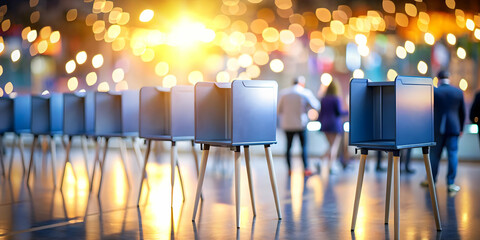 Poster - Abstract Voting Booth Silhouettes: Engaging Close-Up of Blurred Figures at Colorful Voting Stations, Capturing the Flow of Democracy in Motion