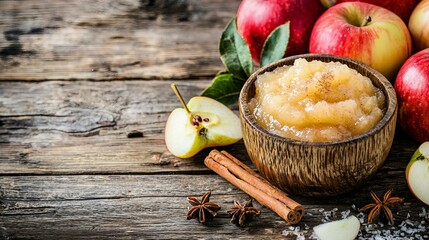 Delicious Homemade Applesauce with Fresh Apples and Spices in Rustic Wooden Bowl