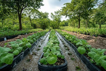 Poster - Rows of Crops Being Irrigated with a Stream of Water