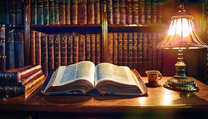 The Bible in Old Library Nook. An open Bible rests on a mahogany desk.