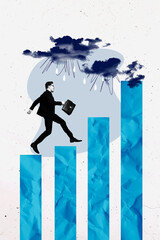 Wall Mural - Vertical photo collage of young businessman carry briefcase step promotion chart stairs rain obstacle growth isolated on painted background