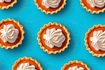 pattern of american pumpkin pie with whipped cream isolated on blue background. Traditional Thanksgiving Day food