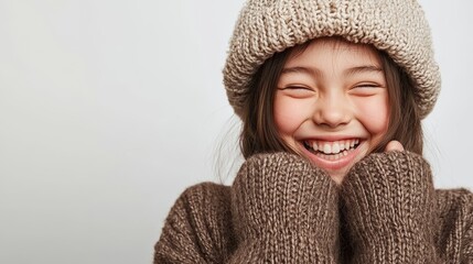 Joyful Girl in Cozy Winter Clothing Smiling with Eyes Closed Outdoors