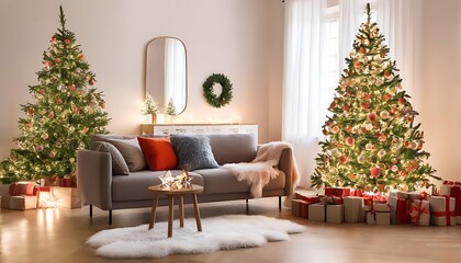 Wall Mural - A cozy Christmas atmosphere with festive decorations in the living room.